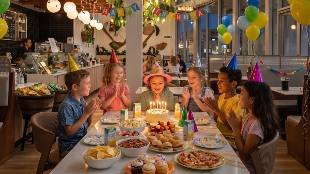 Kids birthday party set up at a cafe with balloons, a decorated cake and party food on a table