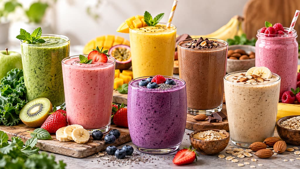 Diffreent types of smoothie images. Total 6 glass of smoothies